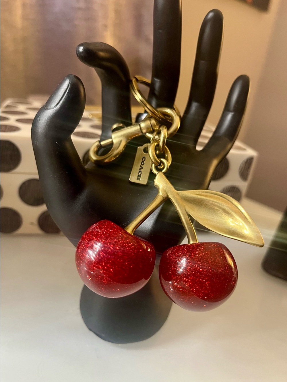 Coach Red Glitter Cherry Charm with Gold Hardware Keychain